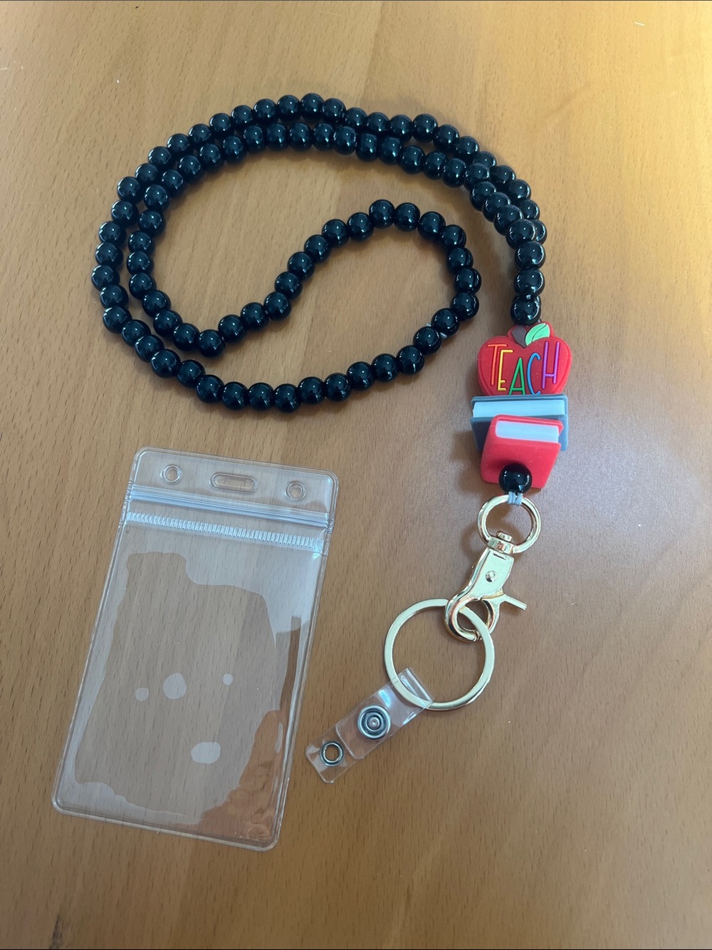New Teacher Black Beaded Lanyard with Red Apple 'Teach' Charm